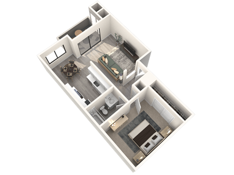 Floor plan for 1 bed, 1 bath, 657 sqft